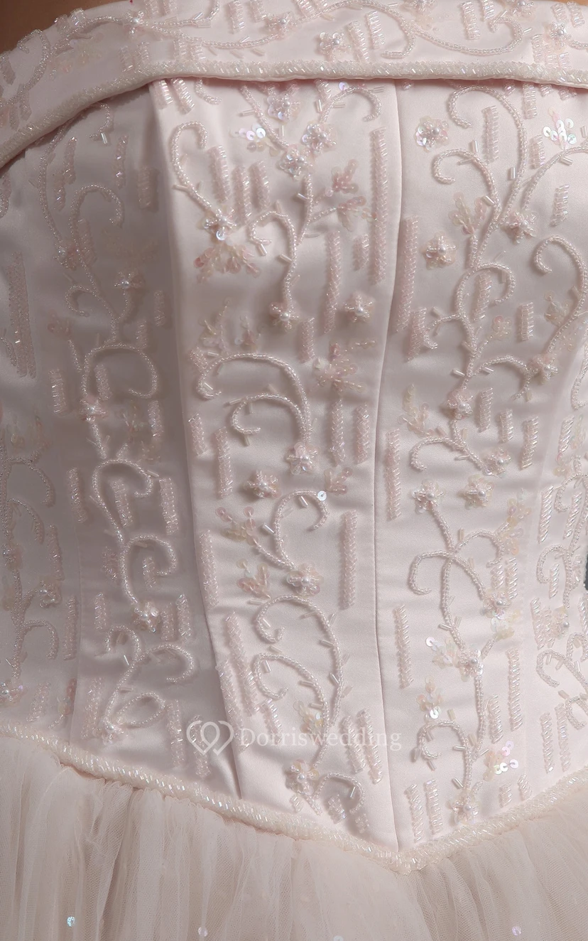 Blushing Pink A-Line Ball Gown With Embroideried Bodice and Tulle Overlay view 4