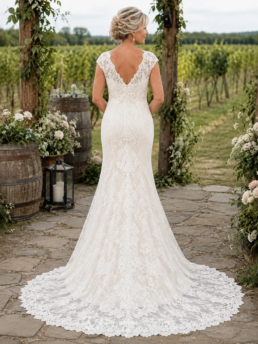 Vestido de novia estilo sirena con escote en V y encaje para novias mayores con cola de capilla. view 2