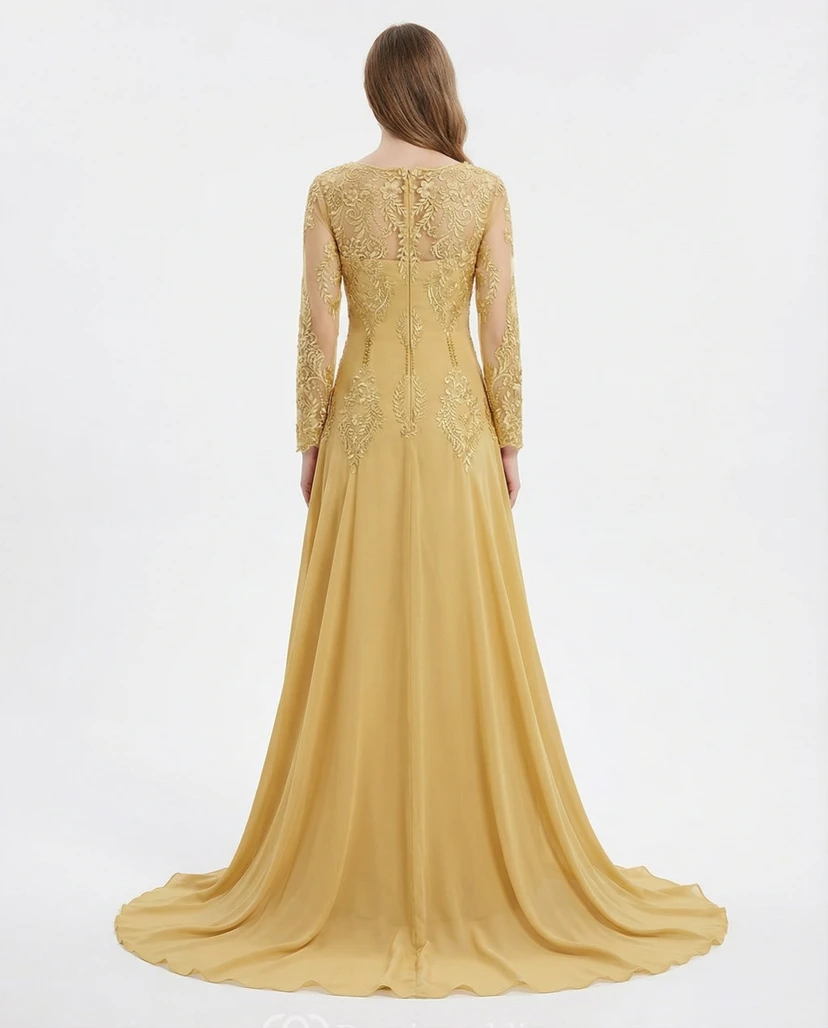 Silbernes, langärmeliges Abendkleid aus Illusionsspitze - Festliches Kleid für die Mutter der Braut view 2