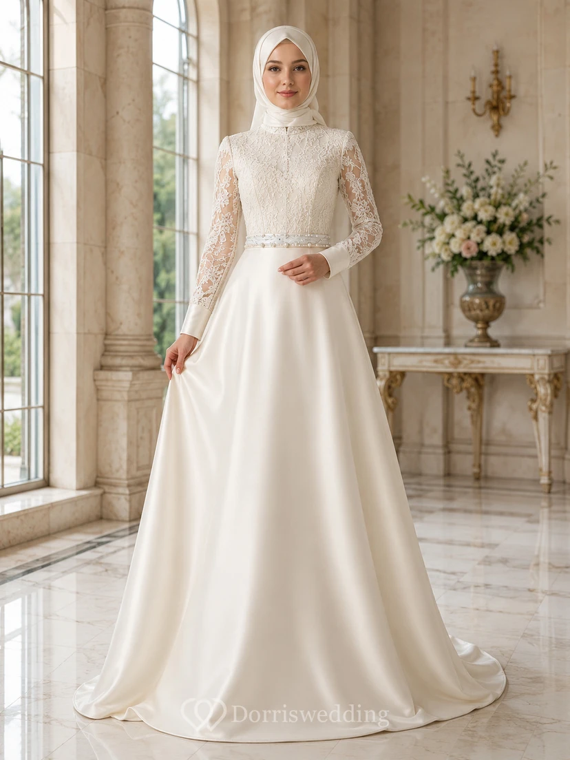Petite Muslim Long Sleeve Lace Bodice Satin A-Line Wedding Dress