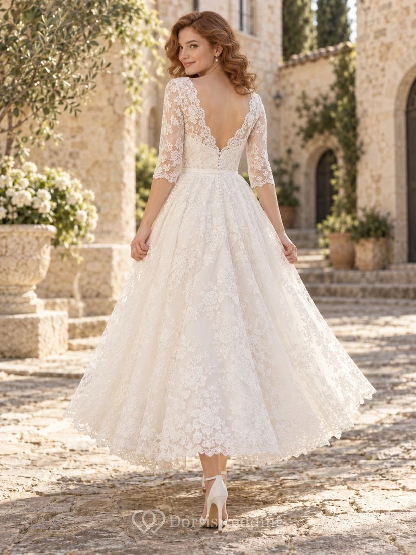 Tea-length V-neck Three-Quarter Sleeve Floral Lace A-line Bridal Wedding Dress view 2