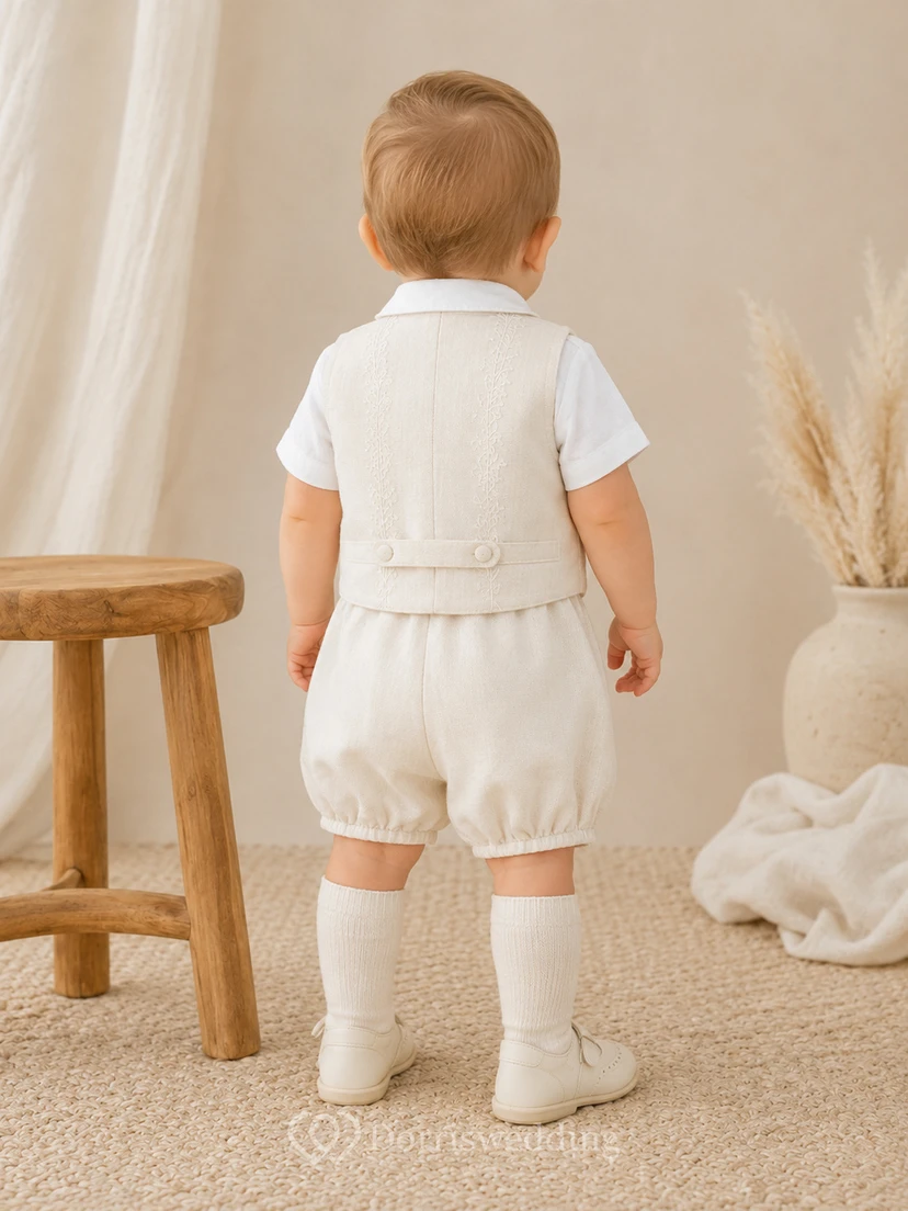 Ivory Button Vest Peter Collar Bubble Christening Short Set for Baby Boy view 2
