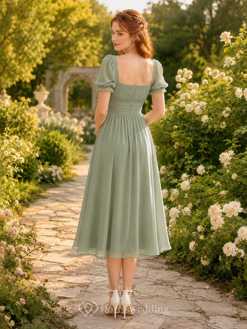 Sage Green Affordable Square Neck Puff Sleeve Chiffon Tea Length A Line Dress view 2