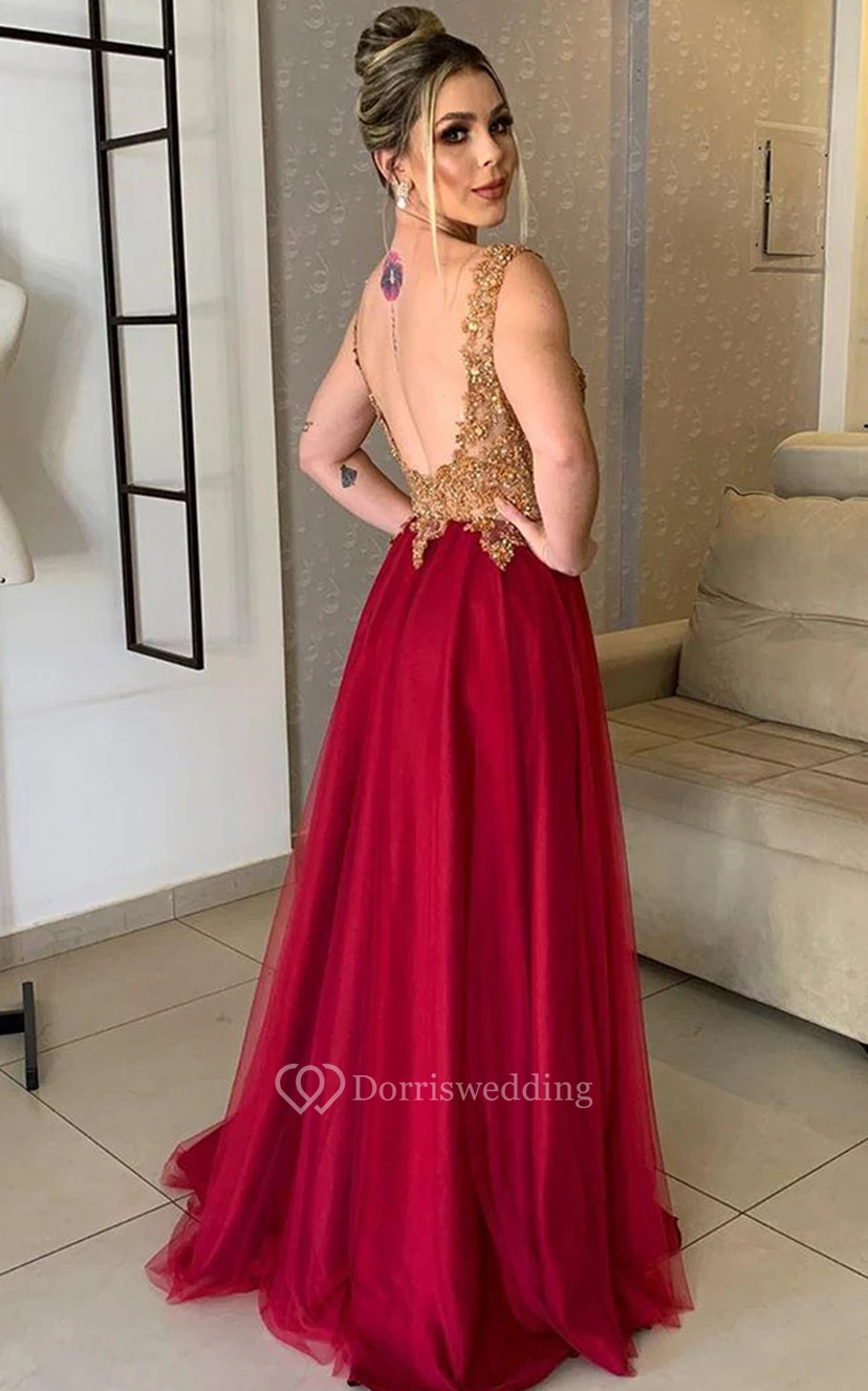 Charming A Line Lace and Tulle Prom Dress with Split Front view 2