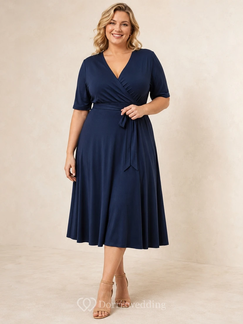 Robe d'invitée grande taille, coupe trapèze, col V, manches courtes, jersey bleu marine foncé