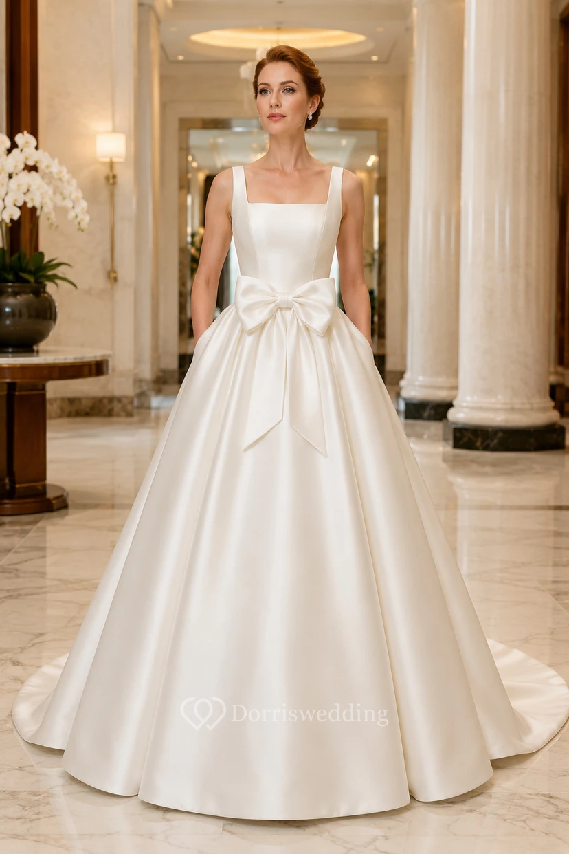 Satin Wedding Dress Ball Gown Square Neck Sleeveless Sweep Train Bridal Gown
