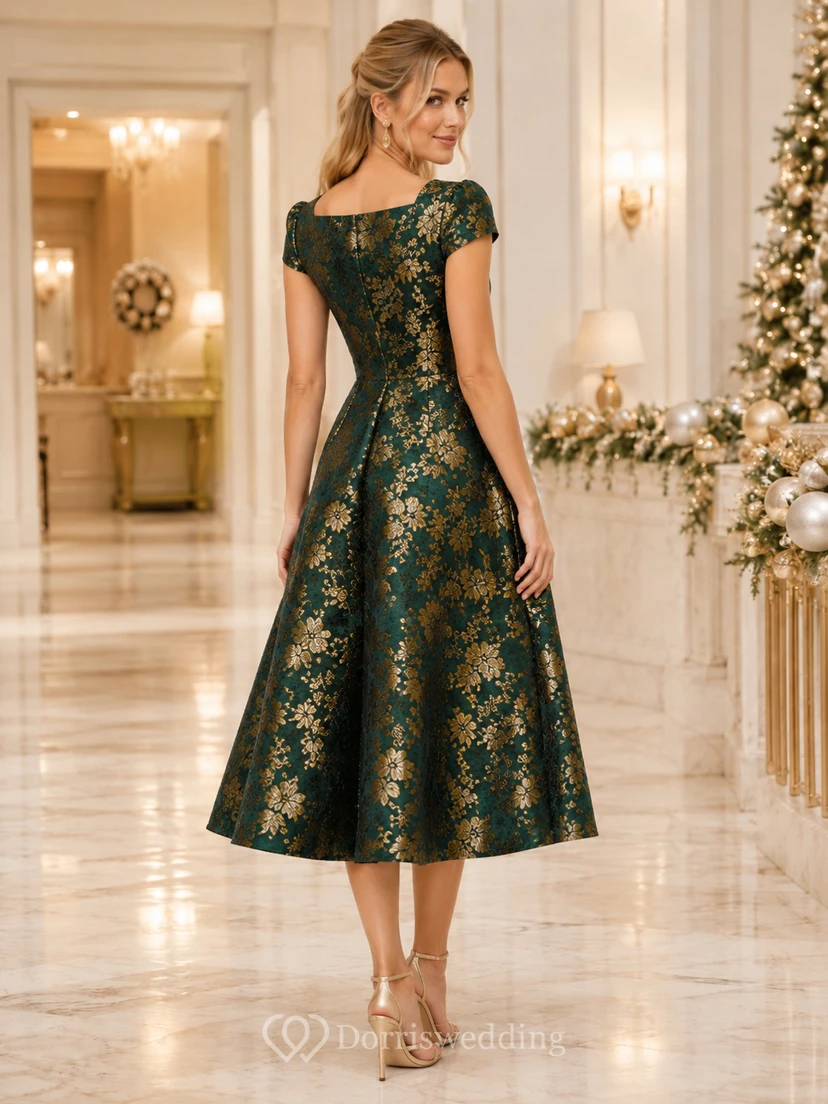 Dark Green Square Neck Gold Jacquard Cap Sleeve Tea Guest Dress view 2