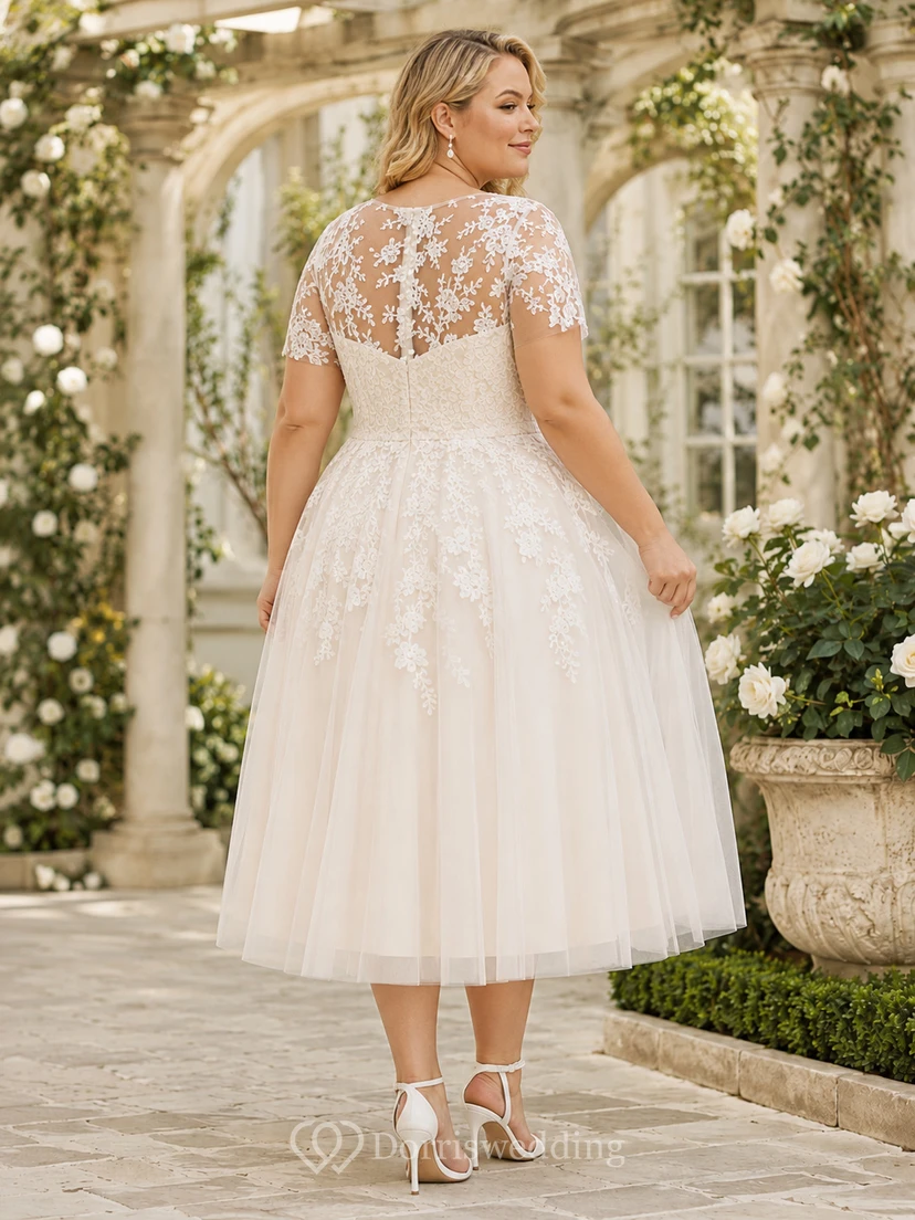 Romantic Plus Size Tea-Length V-Neck Cap Sleeve Elegant Wedding Dress view 2