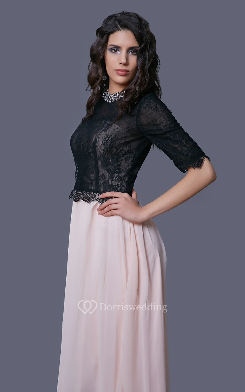 Lace and Chiffon A-Line Floor Length Dress With Half Sleeves and Jeweled Neck view 4