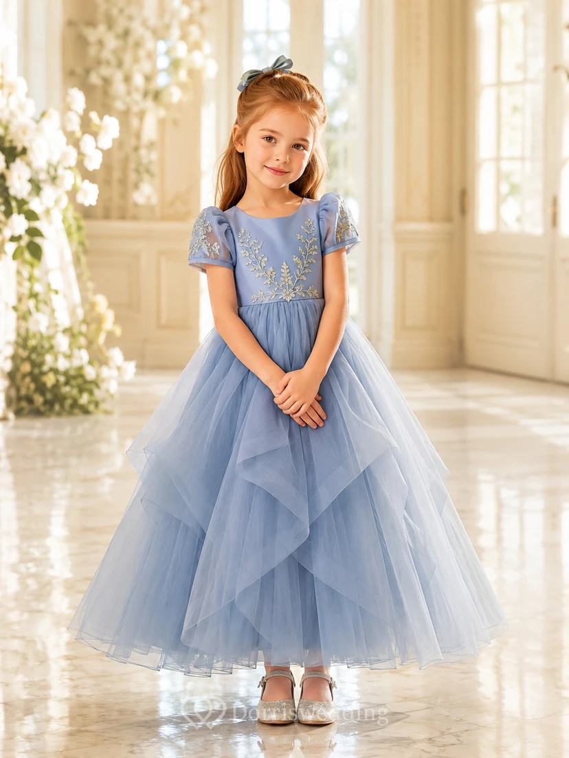 Vestido de niña de las flores, azul acero, encaje, tul, corte en A, manga corta, escote redondo, largo midi, detalle de lazo.