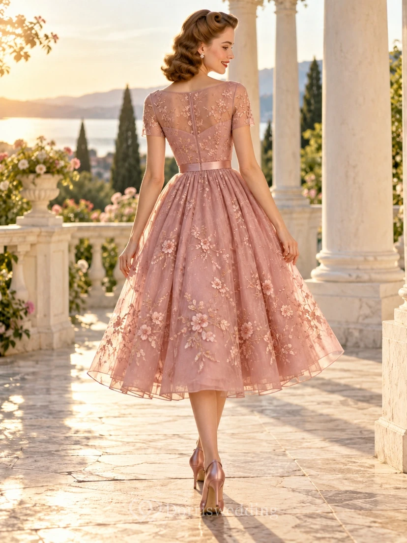 1950s Tea-length Mauve Jewel Neck Cap Sleeve Floral Prom Dress view 2