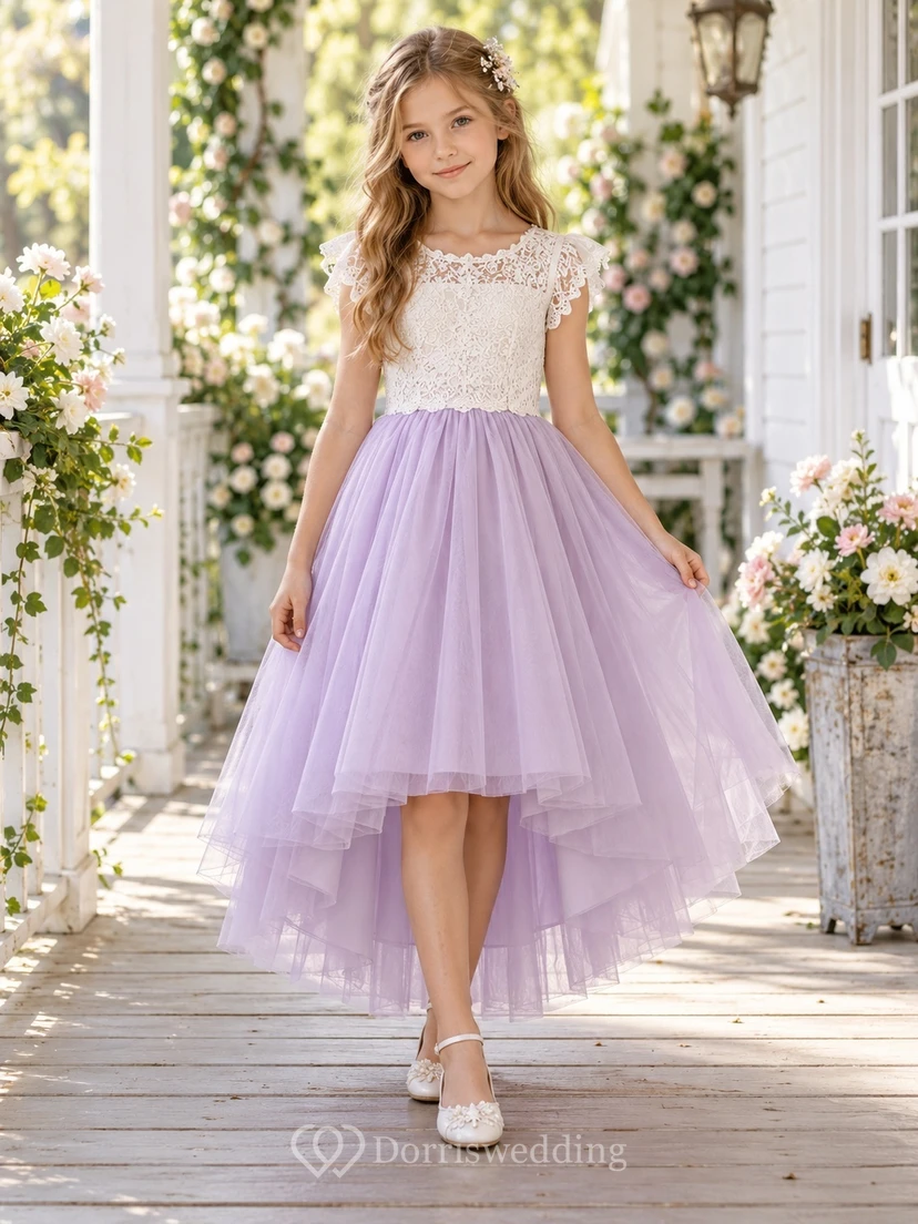 High-low Lavender Lace Flutter Sleeve Layered Flower Girl Dress