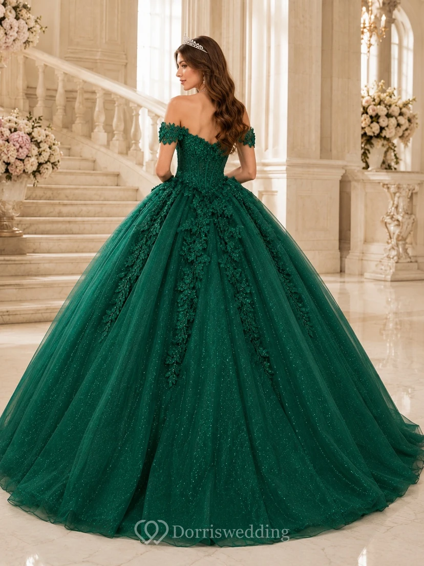Emerald Off-the-shoulder Sweetheart Lace Tulle Ball Gown Quinceanera Formal Dress view 2