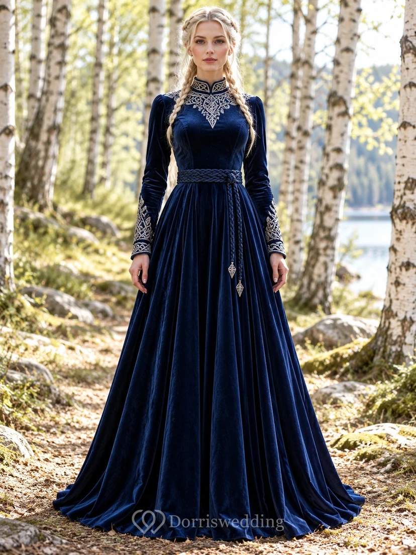 Viking High Neck Long Sleeve Dark Navy Velvet Embroidered Bridesmaid Gown