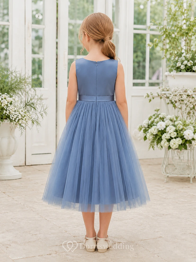 Flower Girl Dress Steel Blue Tulle A-Line Jewel Neck Tea Length Bow Back view 2