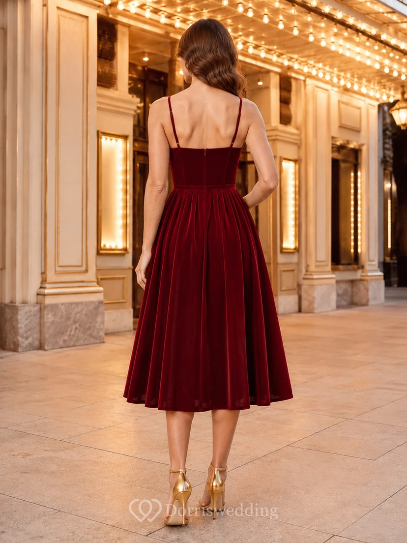 Burgundy velvet spaghetti strap sweetheart theater midi dress view 2