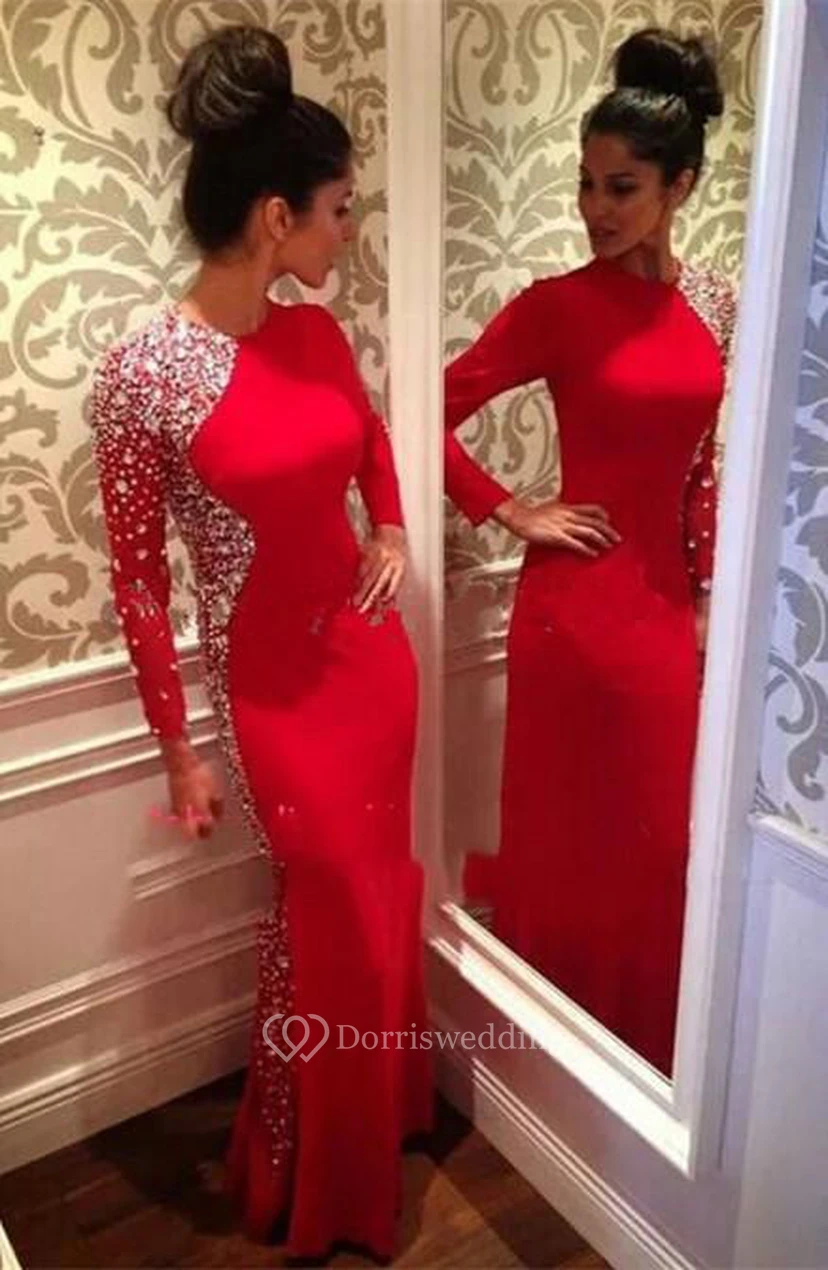 Glamorous Crystals Mermaid Jewel Evening Dress Red Long Sleeve