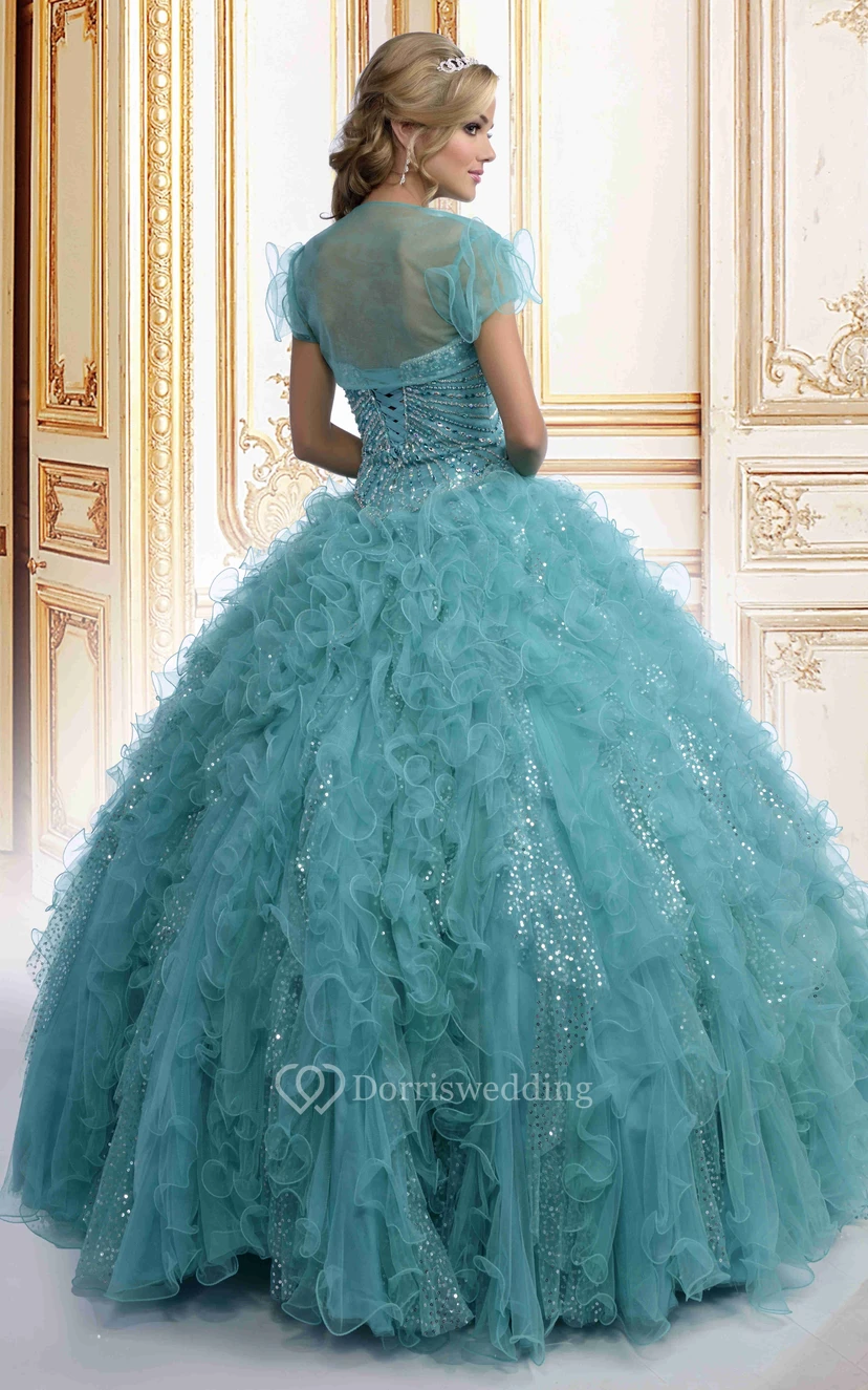 Organza-Ballkleid mit Herzausschnitt, Illusionscape und Kaskadenrüschen view 2