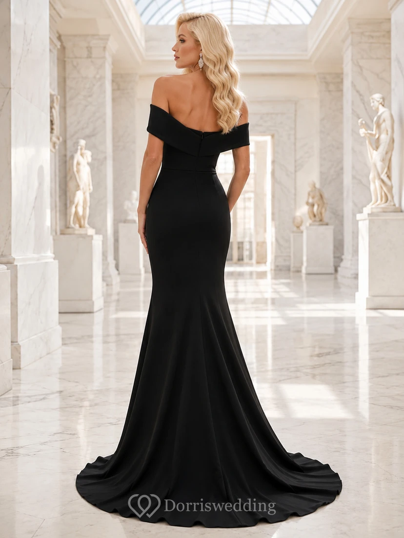 Black off shoulder folded collar mermaid museum gala gown view 2