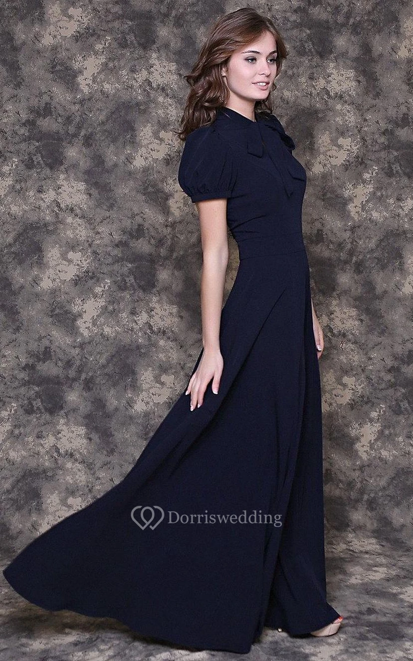 A-Line Chiffon Floor-Length Dress With Puff Short Sleeve view 3