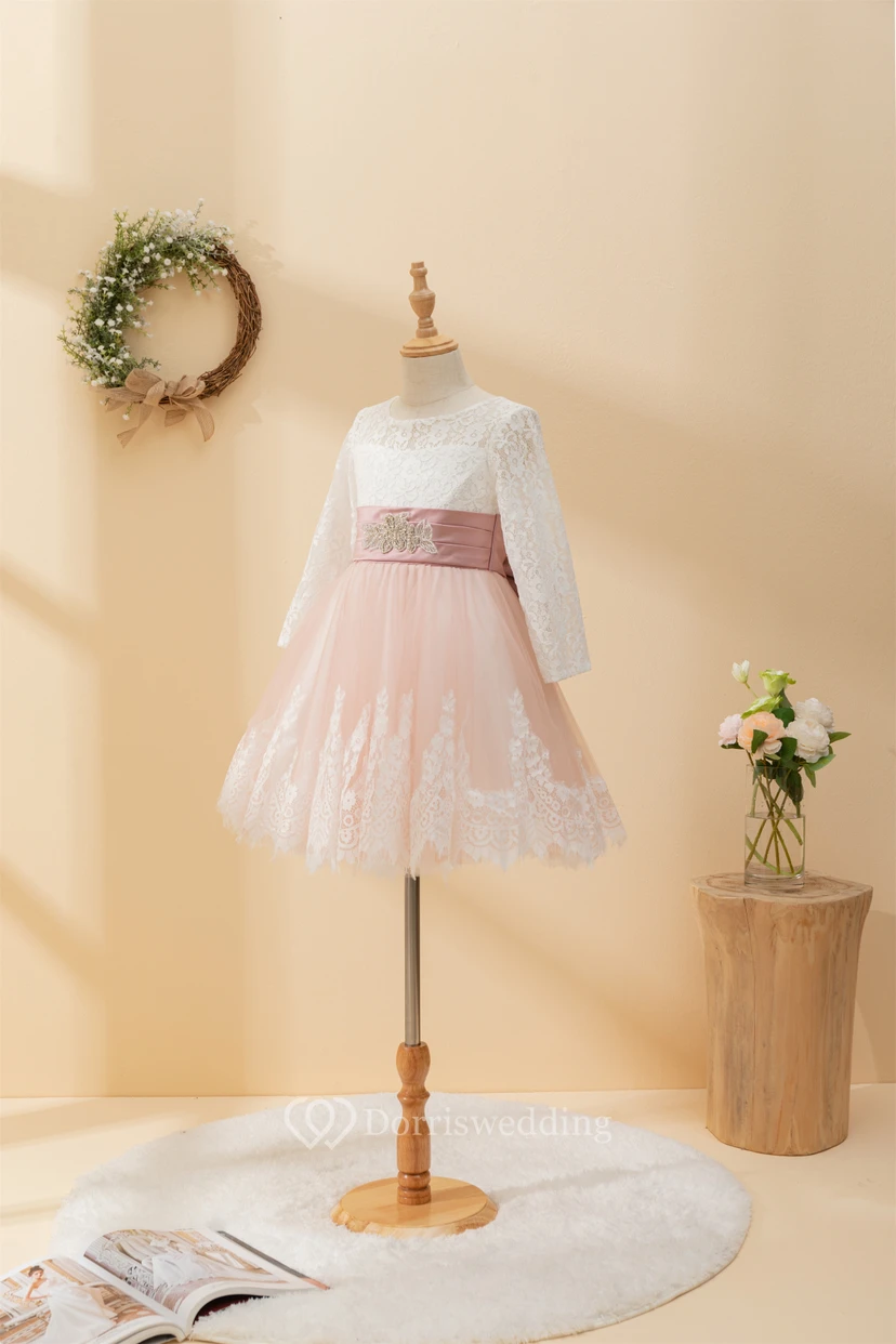 Lace Two-Tone Long Sleeve Short White and Coral Flowergirl Dress view 3