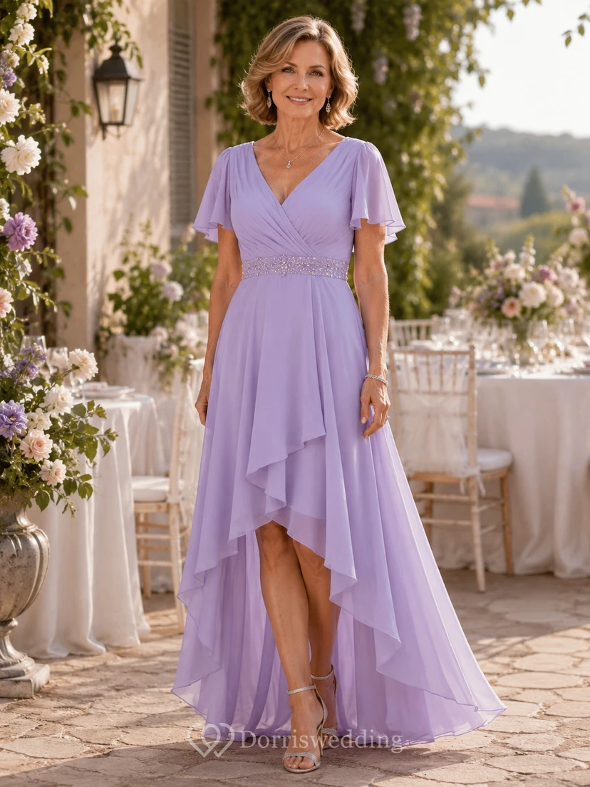 Lilac High-Low Chiffon Mother of the Bride Dress with Flutter Sleeves
