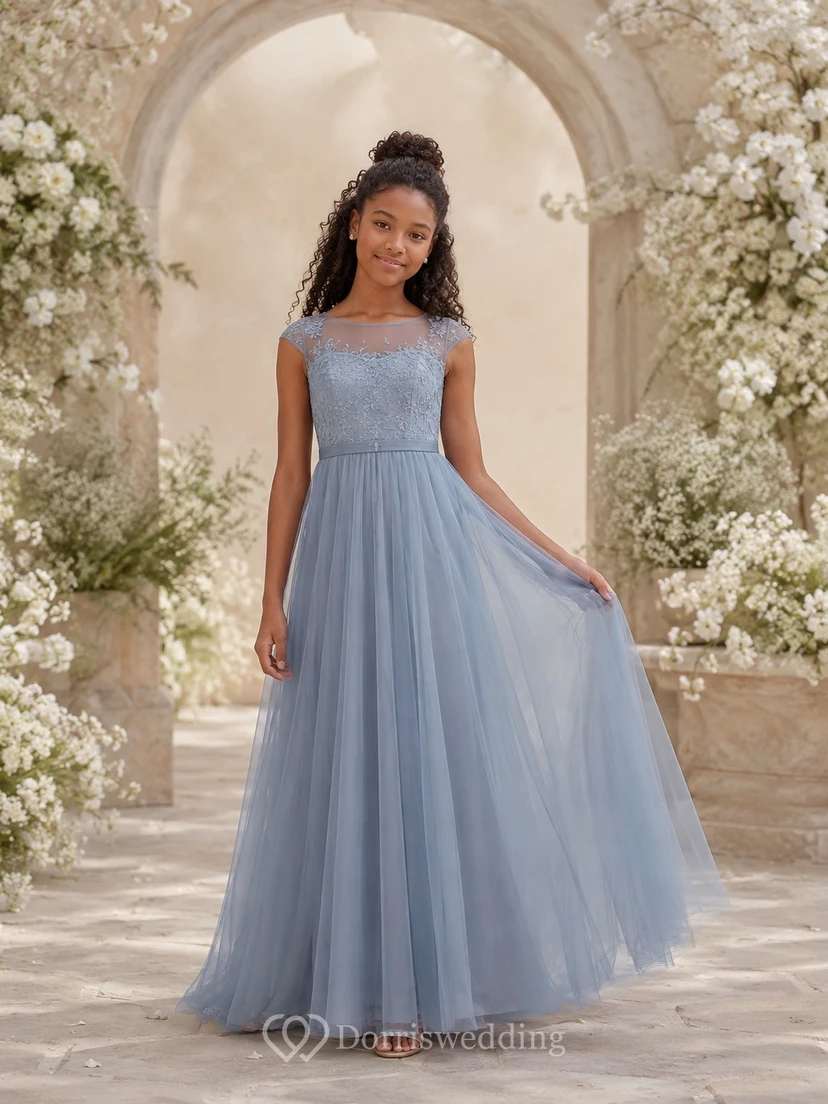 Stahlblaues Brautjungfernkleid für junge Damen, A-Linie, eckig, kurze Illusionsärmel, Tüll, elegant, romantisch