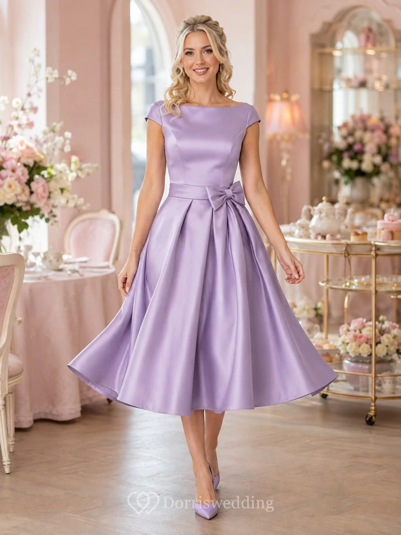 Robe élégante en satin lavande, coupe trapèze, longueur thé, col rond, manches courtes et nœud papillon