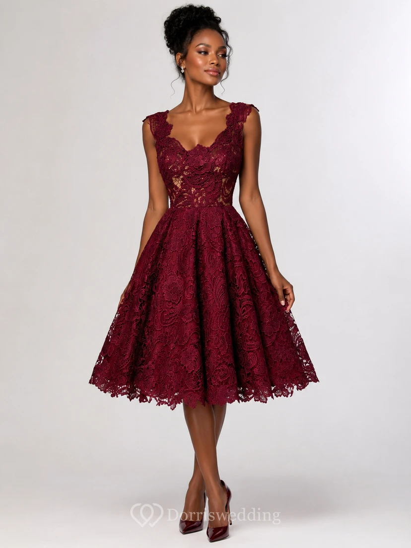 Cap Sleeve Scoop Neck A-line Knee Length Lace Dress view 5