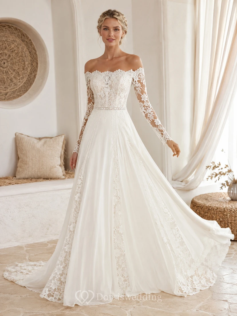 Romantic Boho Lace A Line Off Shoulder Long Sleeve Chapel Wedding Gown
