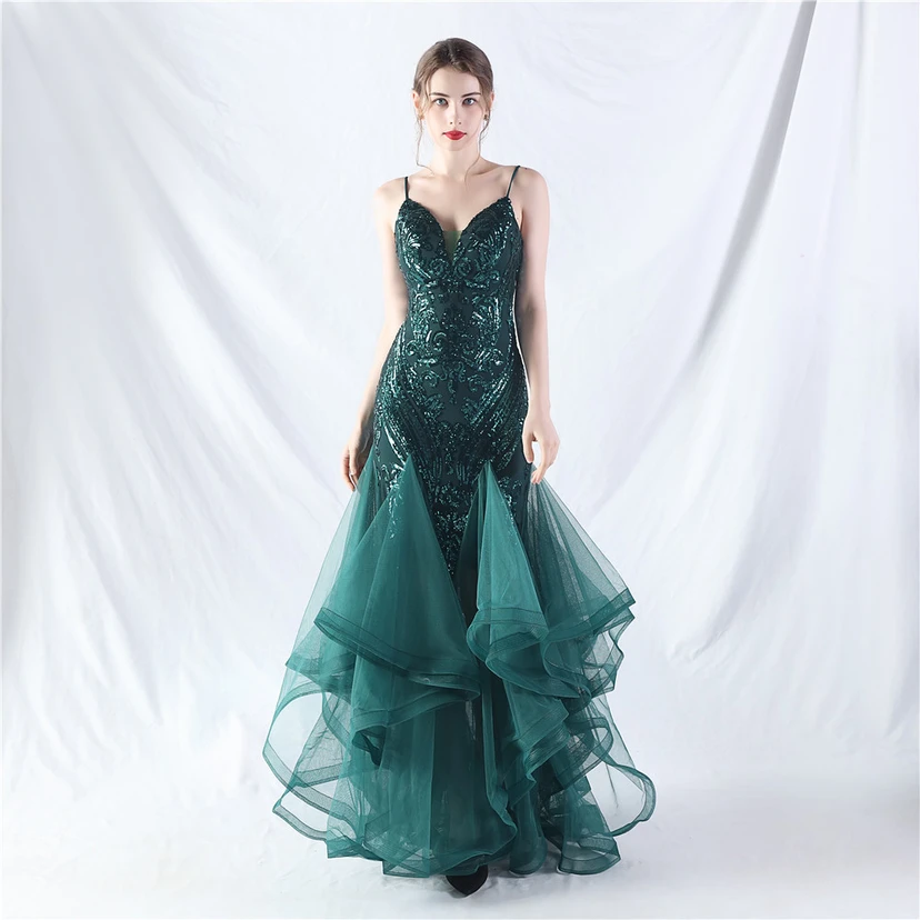 Vestido de actuación para celebración de baile caliente con cuentas de flores y posicionamiento de red rígida. view 10