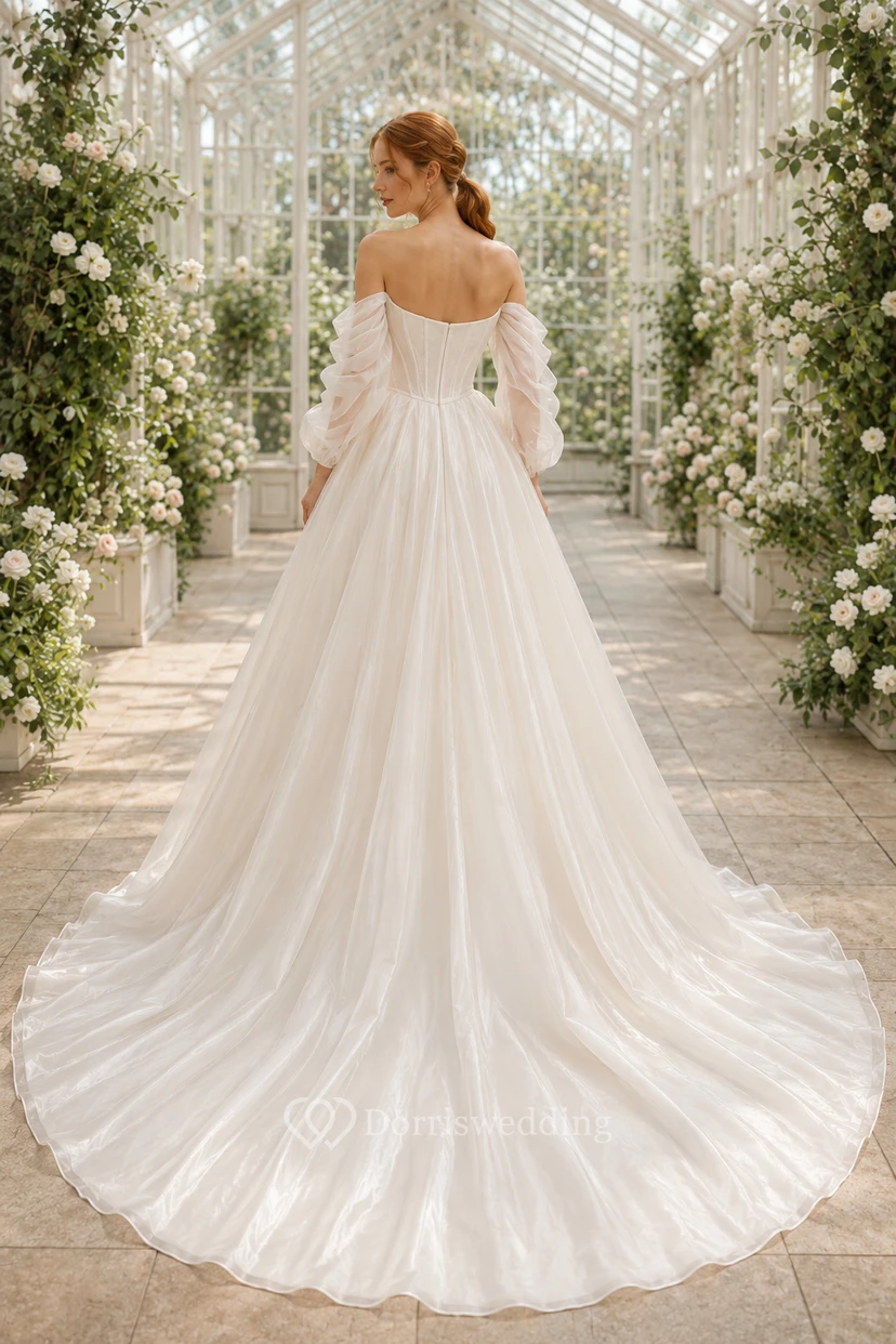 Brautkleid aus Organza-Tüll, A-Linie, schulterfrei, lange Ärmel, Schleppe view 2