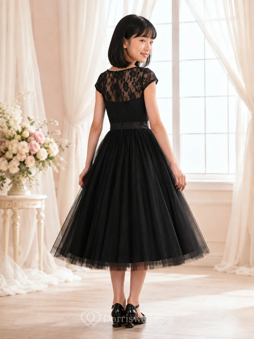 Schwarzes, knielanges Brautjungfernkleid im A-Linien-Schnitt mit kurzen Ärmeln und Strassbesatz, romantisch view 2
