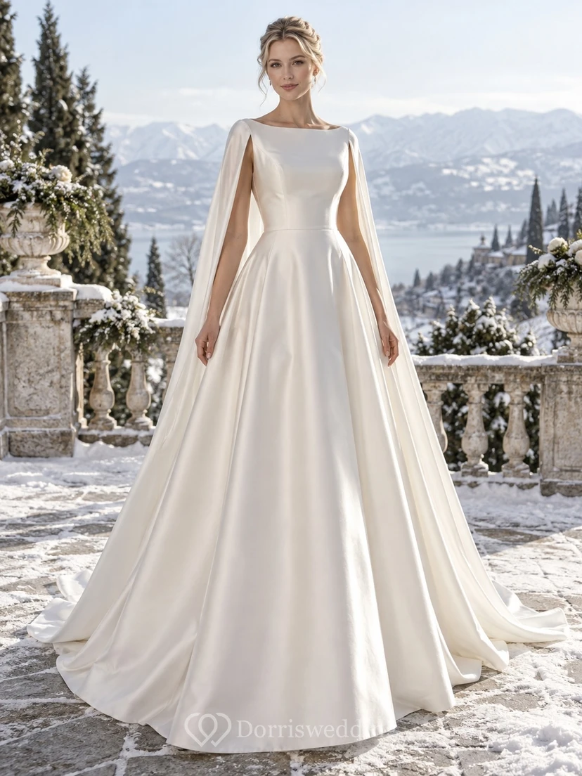 Simple Bateau Satin A-line Winter Wedding Draped Cape Dress