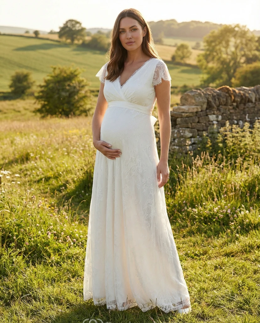 Umstandsbrautkleid mit Spitzenärmeln, V-Ausschnitt und bodenlangem Rock