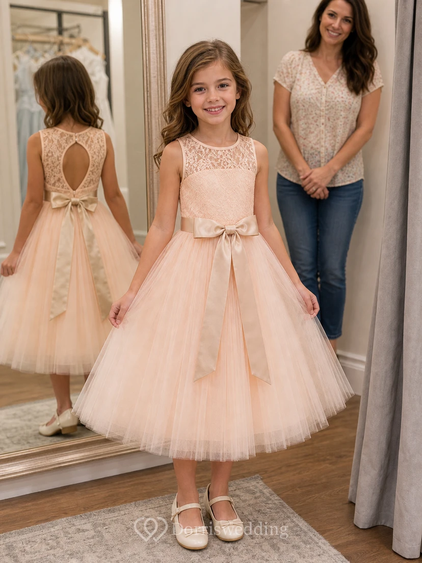Scoop Sleeveless White First Communion A-line Tulle Bow Keyhole Back Flowergirl Dress view 9