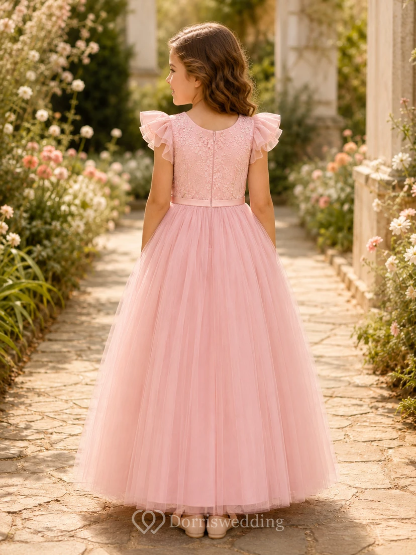 Flower Girl Dress Sage Tulle A-Line Jewel Neck Tea Length Pleated view 2