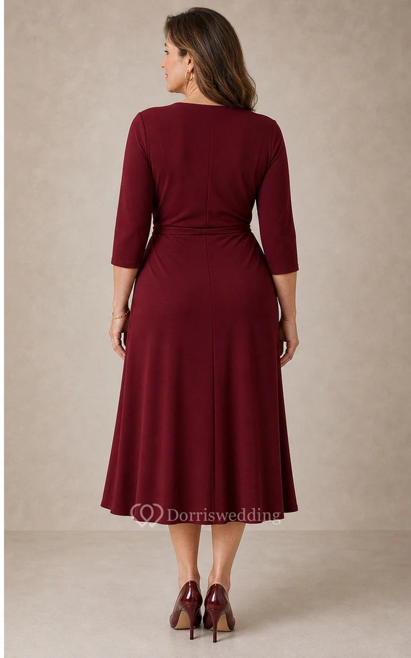 Burgunderfarbenes, wadenlanges Wickelkleid mit V-Ausschnitt view 2