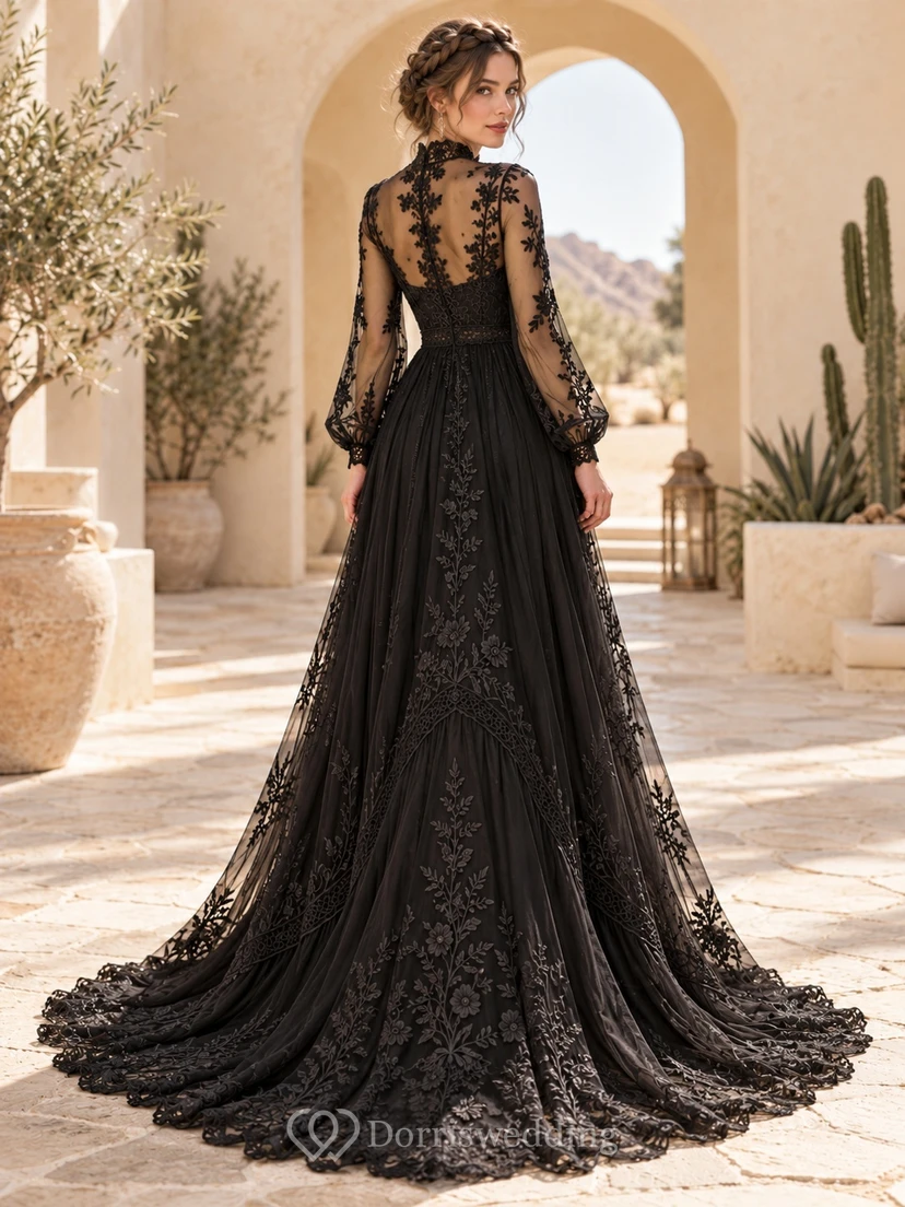 Boho Black High Neck Long Sleeve Floral Lace Wedding Dress view 2