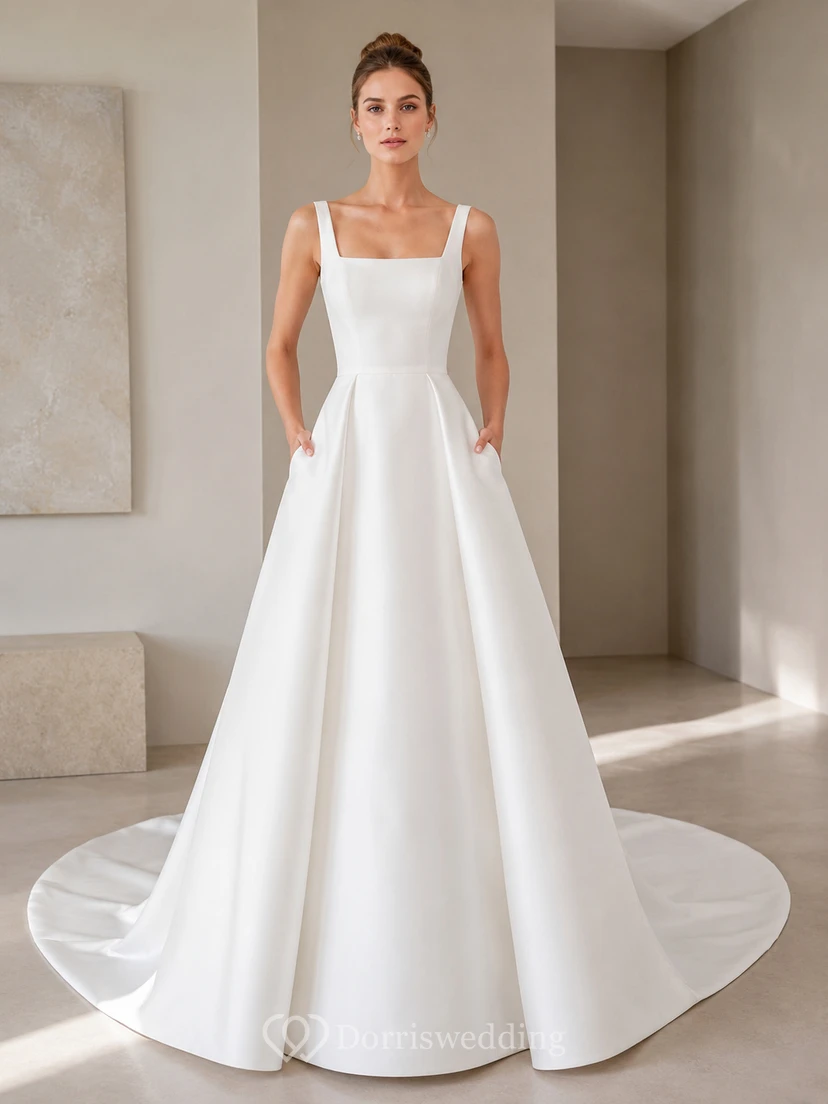 Robe de mariée moderne en satin, coupe trapèze, col carré, poches et traîne chapelle, avec poche et encolure carrée