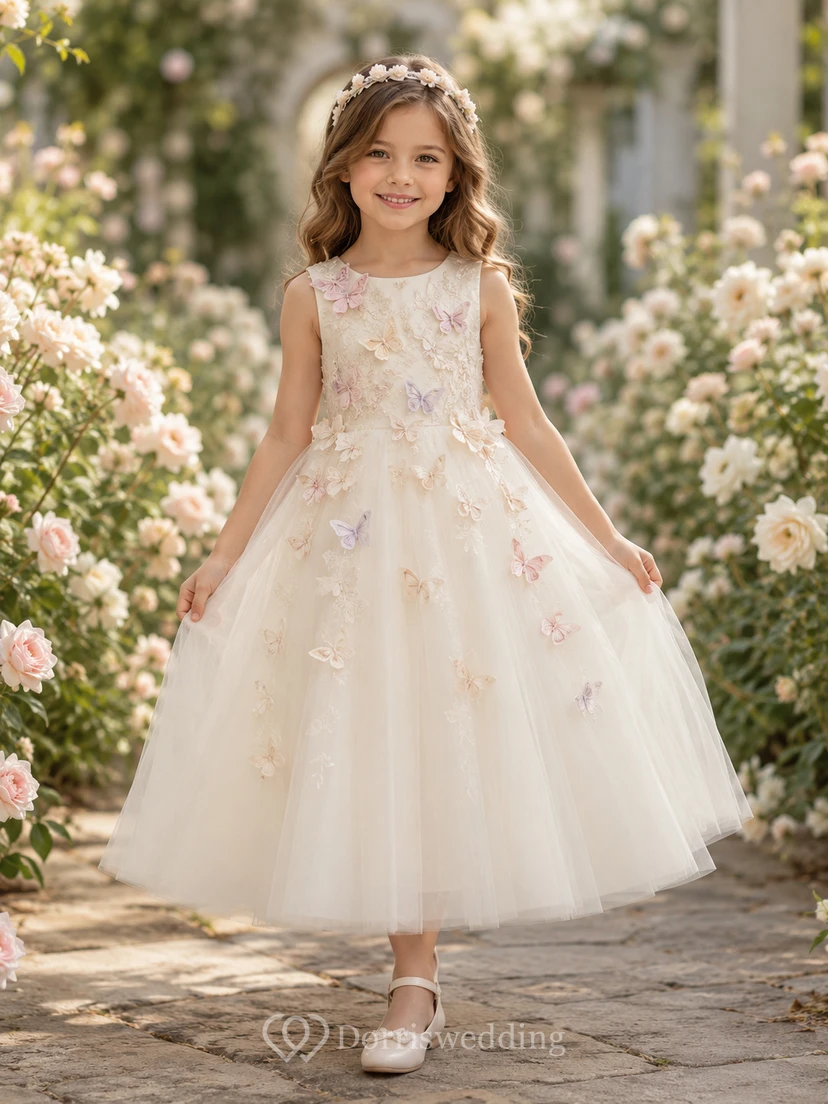 Vestido de niña de las flores color marfil con apliques de mariposas en tonos pastel, corpiño de encaje con escote joya y falda de tul de corte A hasta la rodilla.