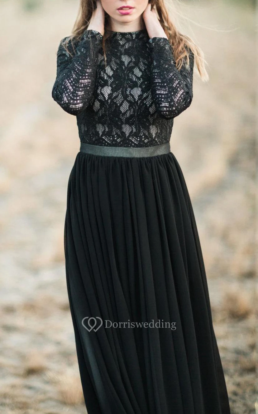 A-Linien-Kleid aus Chiffon und Spitze mit langen Ärmeln und Stufenrock