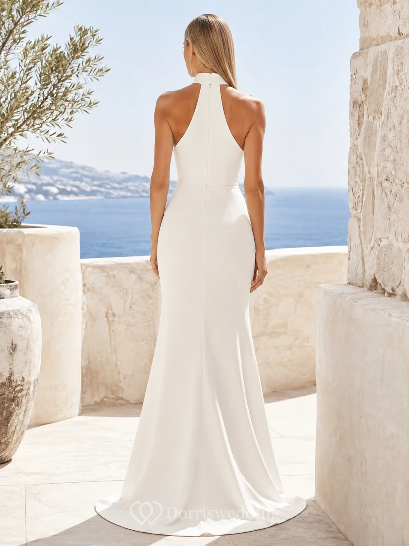 Simple High Neck Halter Satin Sheath Sweep Train Beach Wedding Gown view 2