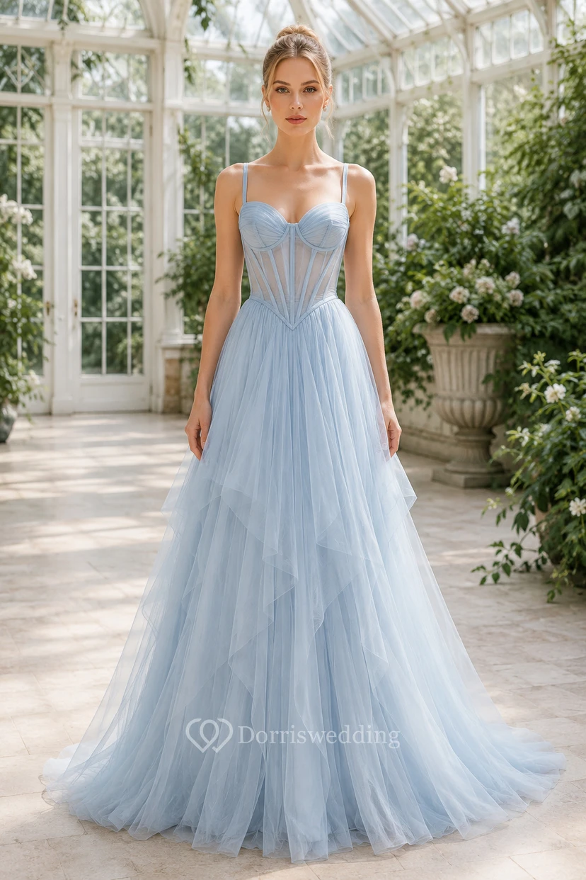 Sky Blue Lace Tulle A-Line Formal Dress