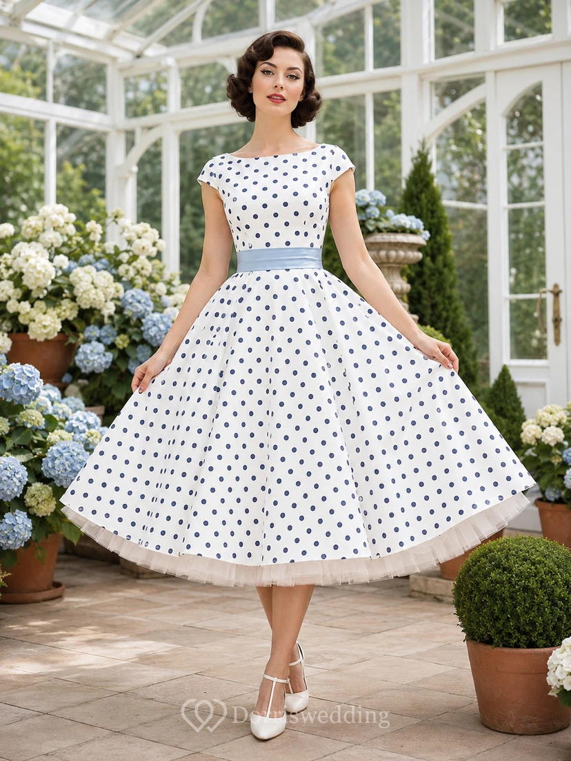 Cap Sleeve Polka Dot A Line Rockabilly Bridal Dress