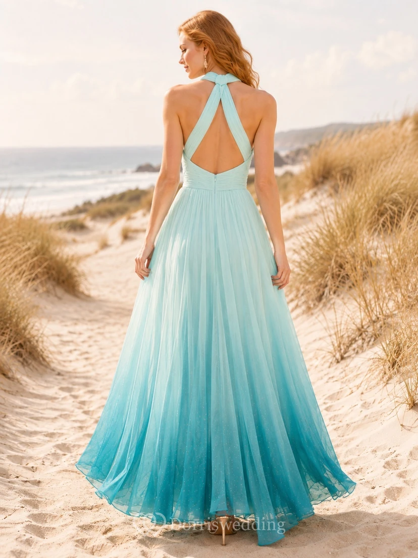 Turquoise Beach Halter Chiffon Split A-Line Floor-Length Evening Dress view 2