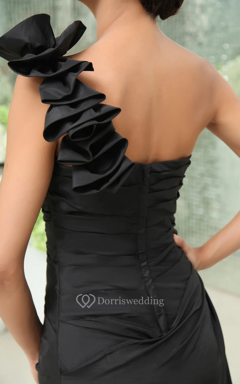 One-Shoulder Taffeta A-Line Gown Floral Shoulder Detail view 5