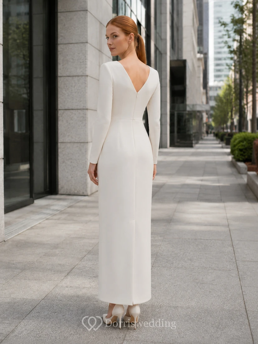 Courthouse Minimalist V-Neck Long Sleeve Sheath Wedding Dress view 2