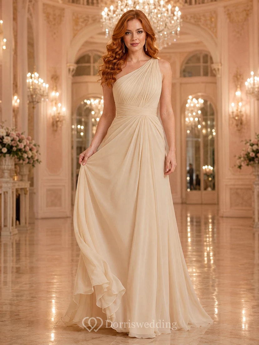 Champagnerfarbenes Chiffon-Abendkleid mit One-Shoulder-Ausschnitt und A-Linie