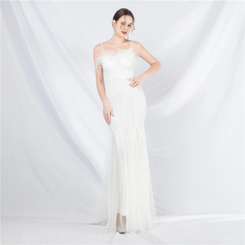 Craft Ostrich Feather Mesh Sequined Long Evening Dress view 2